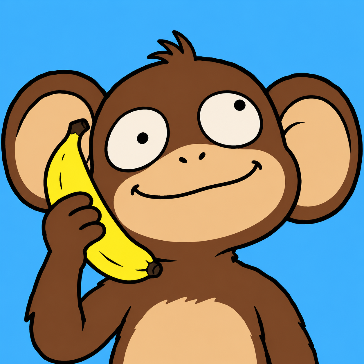 Happy clueless brown monkey holding a yellow banana to his ear like a telephone